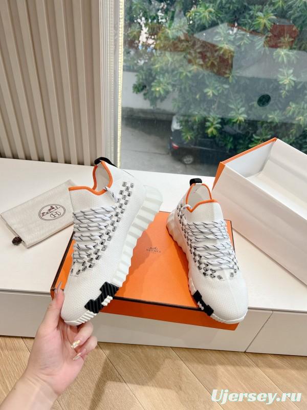 2024 Unisex Hermès White Grey Orange Calfskin Suede Knit Sneakers MJ00290(F/M)