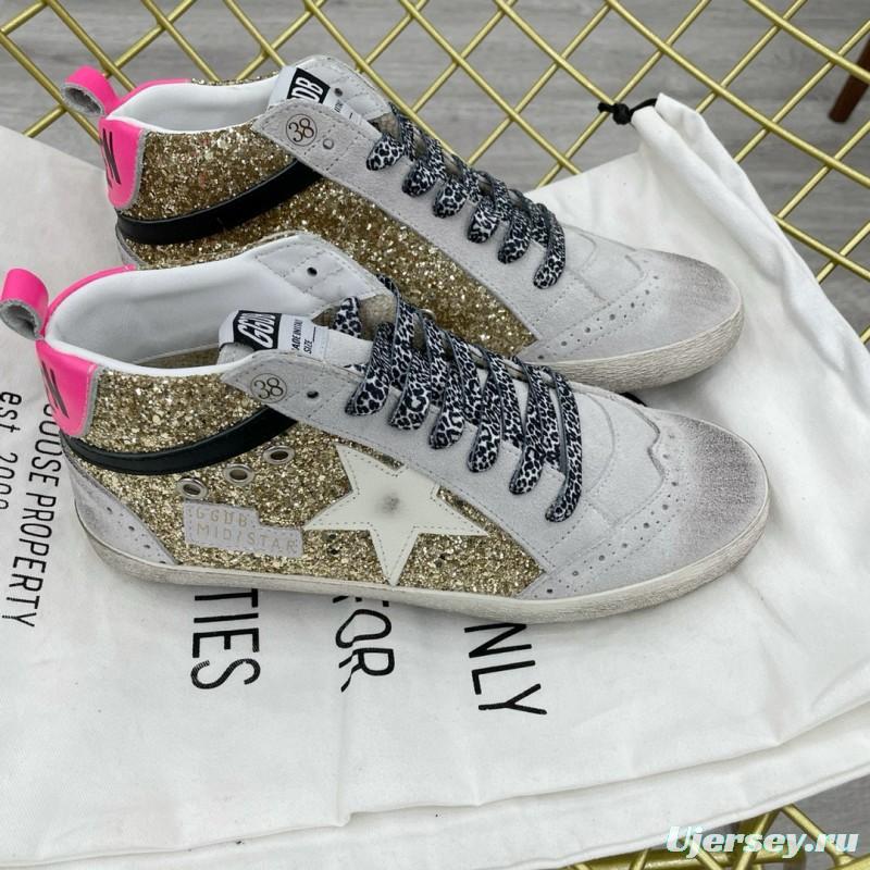 2024 Women GGDB Gold White Leather Glitter High Top Sneakers MJ015AM