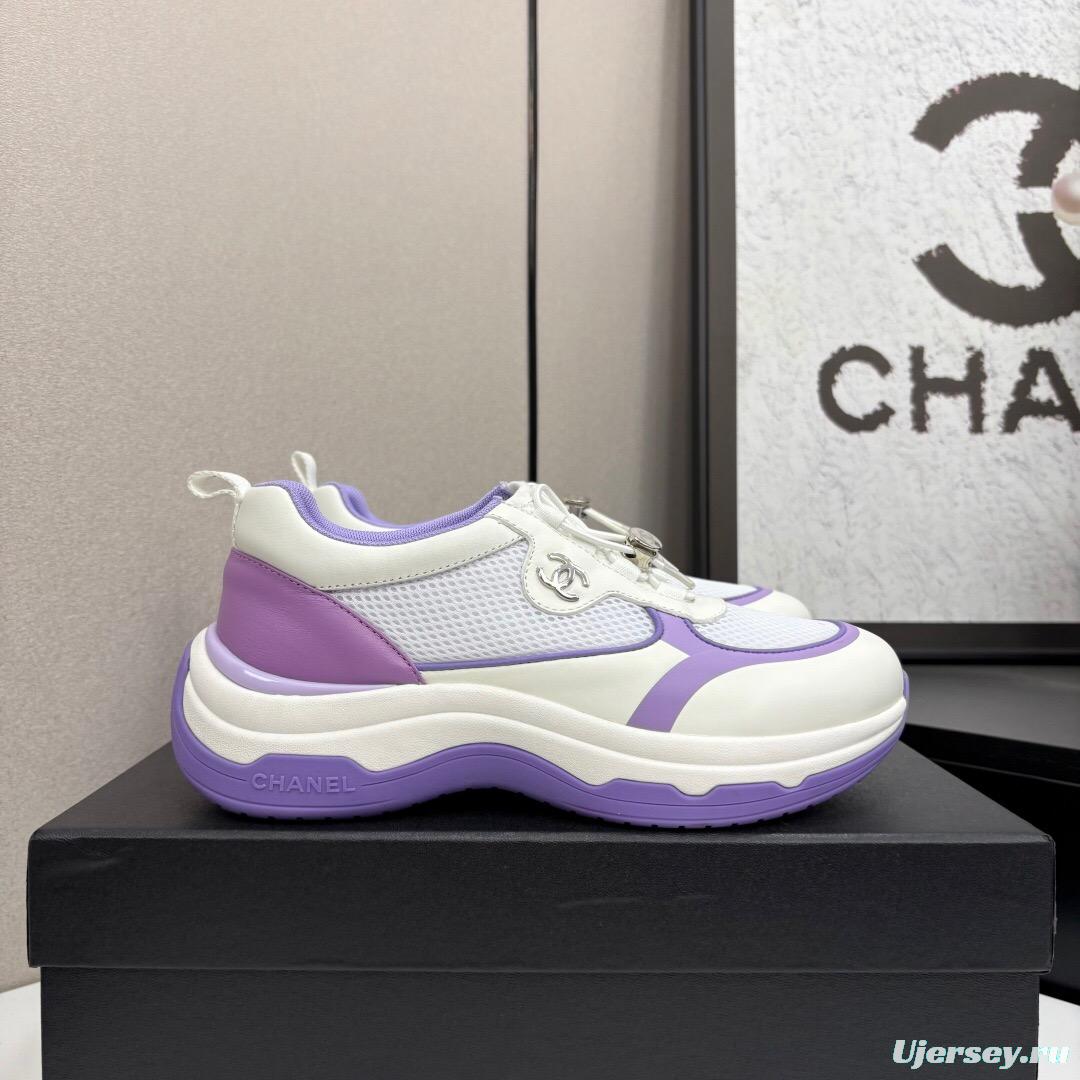 2025 Women Chanel White And Purple Leather And Mesh Casual Sneakers Chunky Sole Classic Logo LY00360(F)