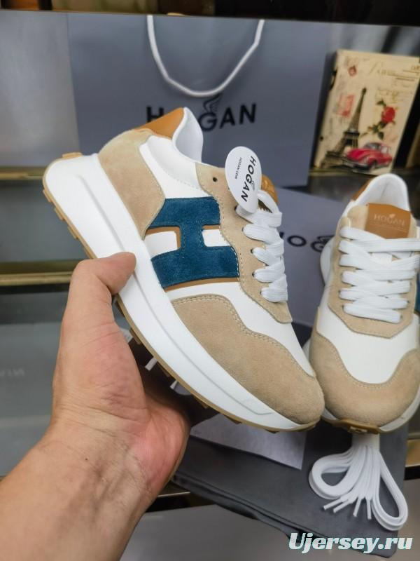 2025 Unisex HOGAN White Beige Blue Leather Suede Platform Sneakers H-STRIPES LY00360(F)/LY00370(M)