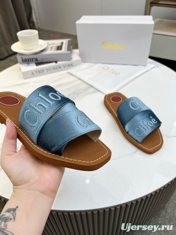 2025 Women Chloé Blue Denim Leather Slippers LY00200