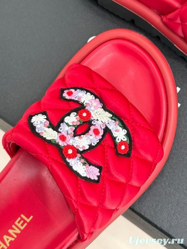 2025 Slippers Chanel Red Quilted Sequins Slide KFY00261