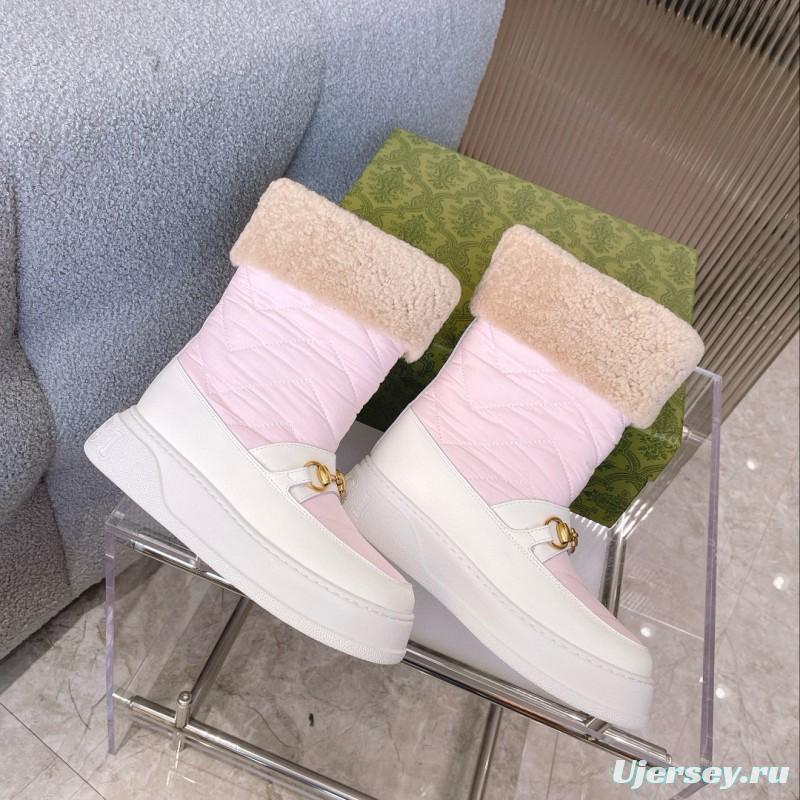 2024 Women Gucci Pink White Leather Shearling Snow Boots