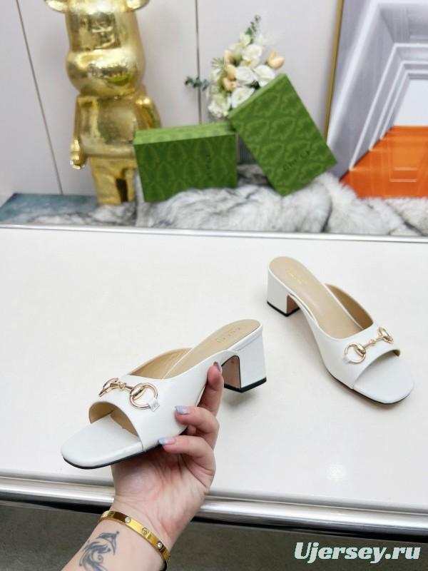 2025 Women Gucci White Leather Heeled Slippers MJ00180