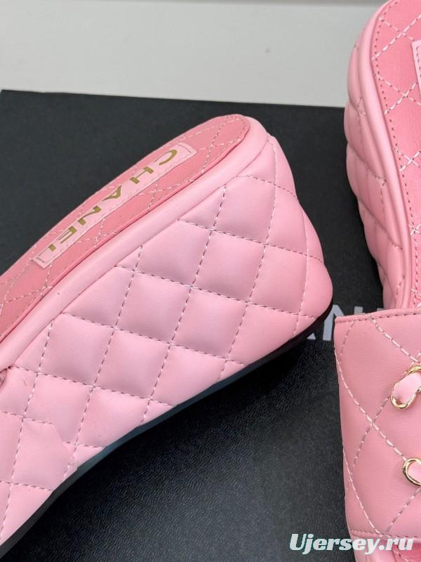 2025 Women Chanel Pink Leather Platform Slide Sandals