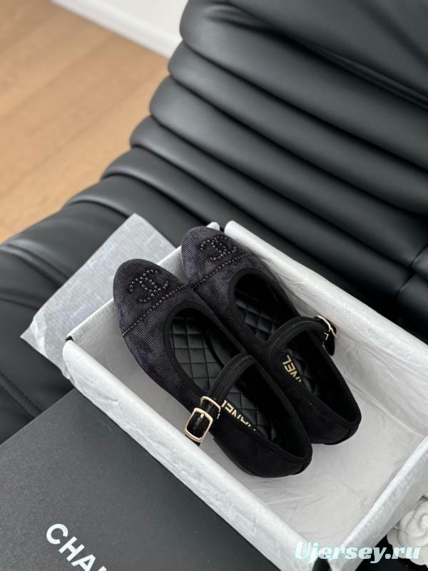 2025 Women Chanel Black Velvet Mary Jane Embroidered LY00280