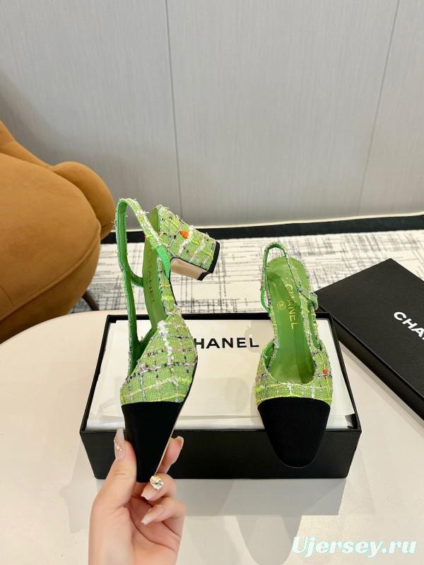 2025 Women Chanel Green Black Fabric Leather Slingback Shoes