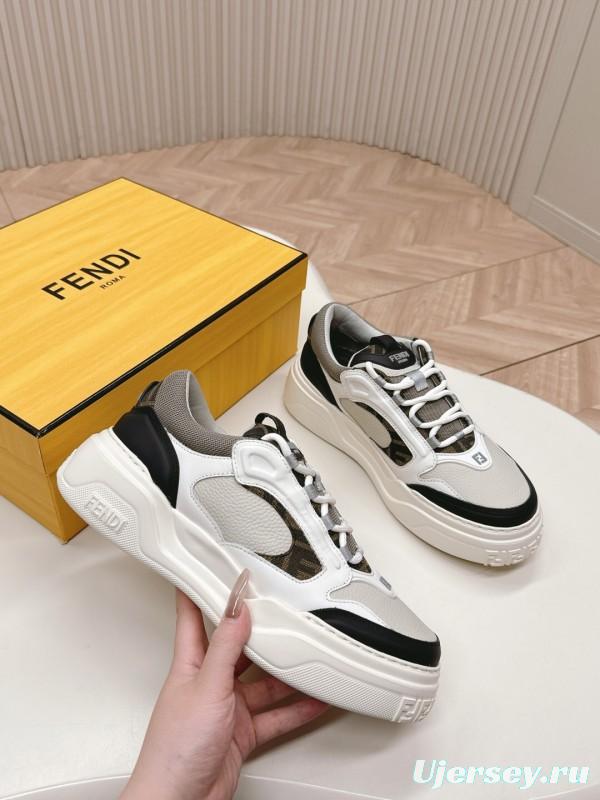 2025 Women Fendi White Black Grey Leather Mesh Sneakers