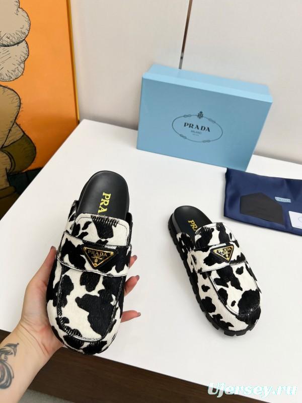 2025 Women Prada Black White Calf Hair Slippers LY00270