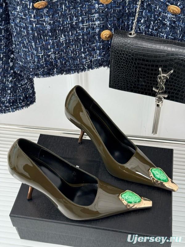 2024 Women Yves Saint Laurent Olive Green Patent Leather High Heel Gemstone MJ00330