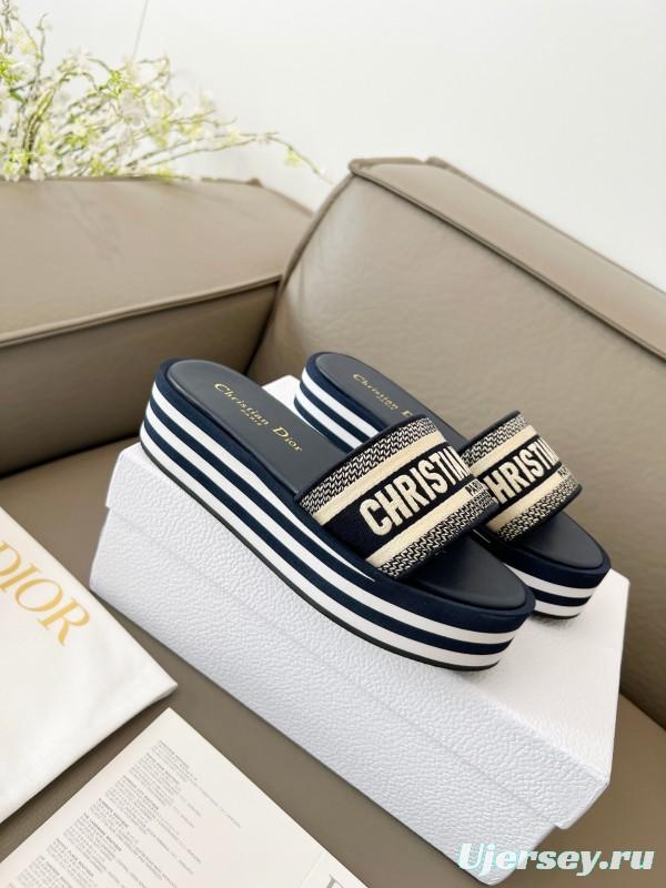 2025 Women Dior Navy White Canvas Platform Slippers LY