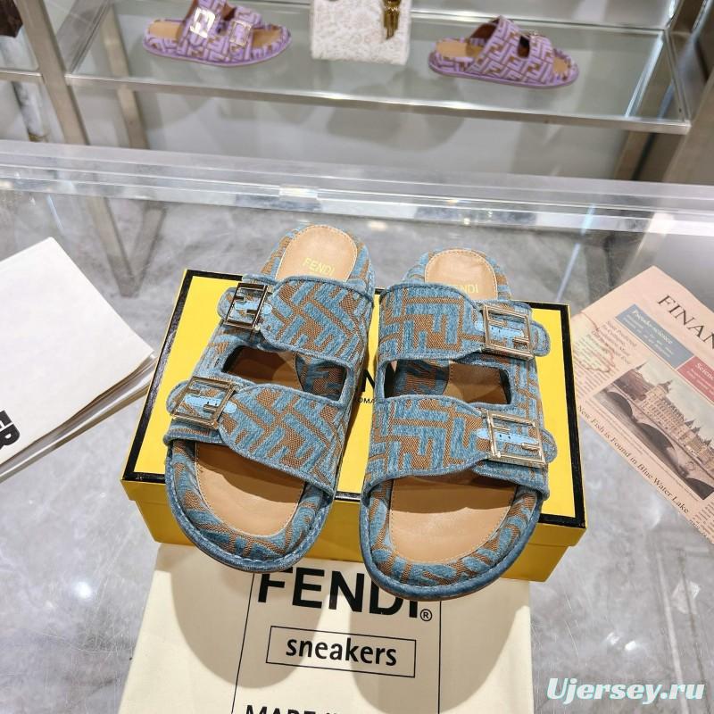 2025 Fendi Blue Beige Fabric Leather Slippers KFY00250