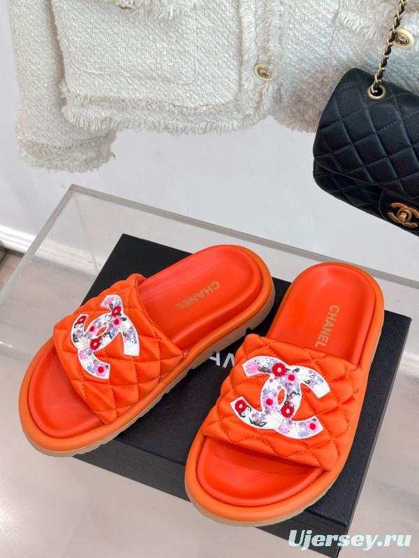 2025 Slippers Chanel Orange Leather Slippers KFY00260