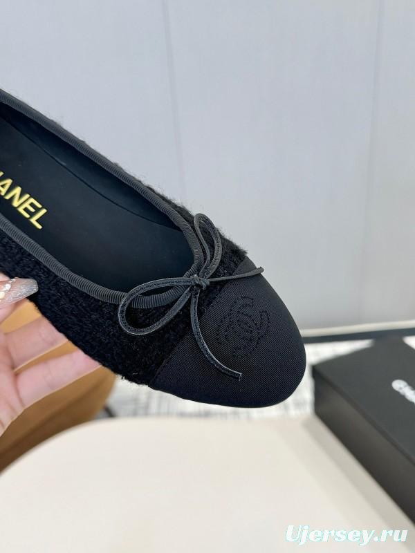 2025 Women Chanel Black Lambskin Tweed Ballet Flats LY00250
