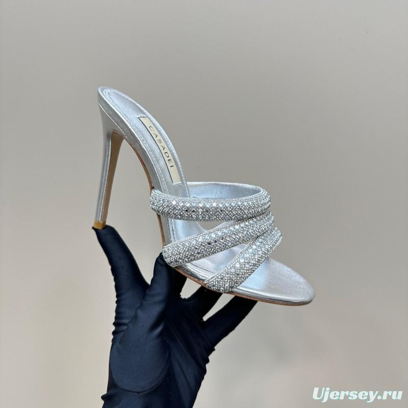 2025 Women Casadei Silver Leather High Heel Crystal Embellished KFY00290
