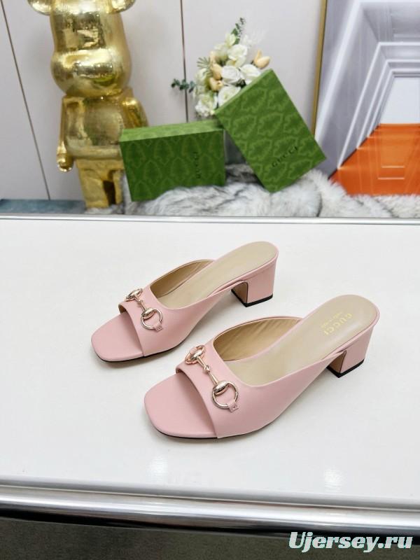2025 Women Gucci Pink Leather Block Heel Mules MJ00180