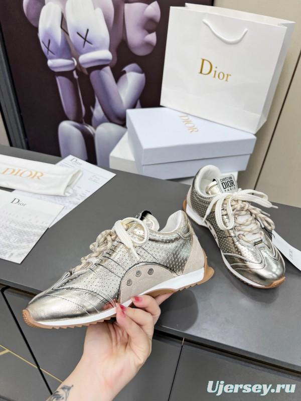 2025 Women Dior Silver Leather Suede Sneakers