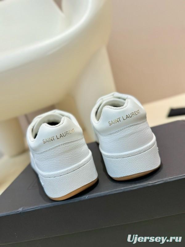 2024 Unisex Yves Saint Laurent White Silk Leather Sneakers Gold Hole Punch MJ00350