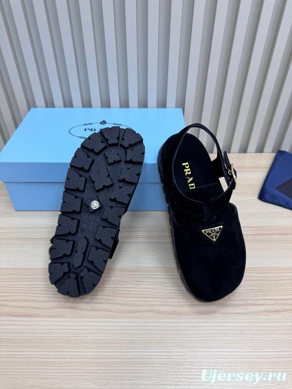 2025 Women Prada Black Suede Sandals LY00280