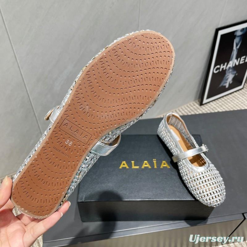 2025 Women Alaïa Silver Leather Woven Mary Jane Flats LY00360(F)