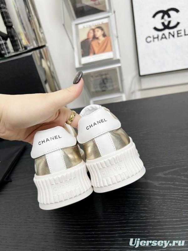 2025 Women Chanel White Gold Leather Suede Sneakers LY00270