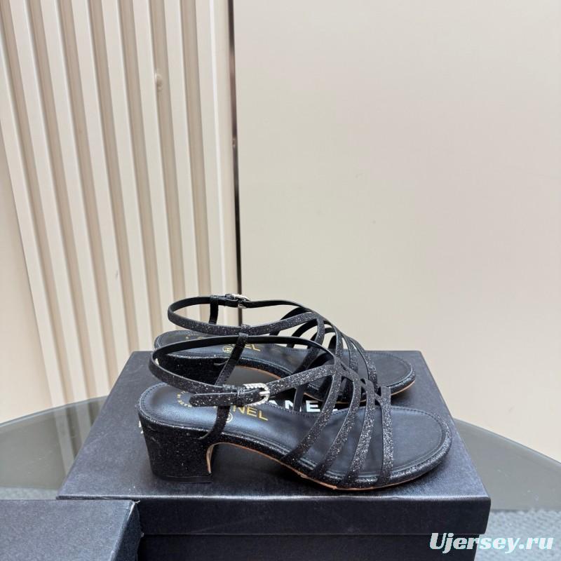 2025 Women Chanel Black Leather Sandals KFY00290