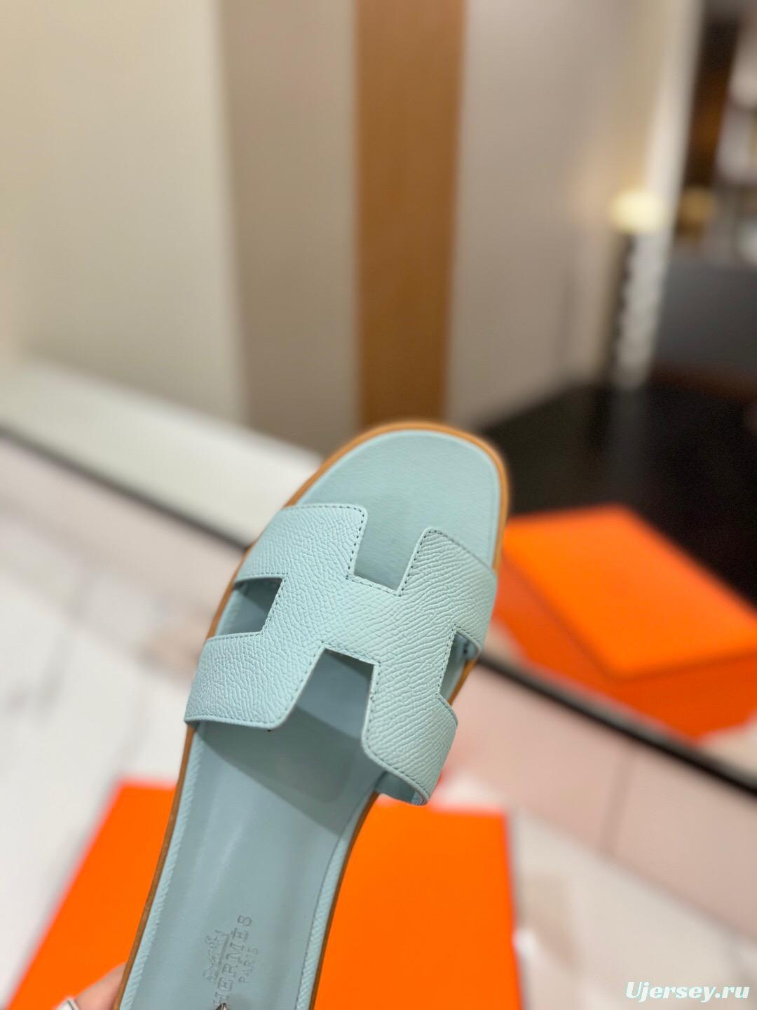2025 Women Hermès Light Blue Leather Slippers