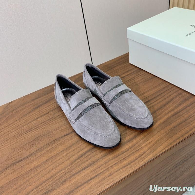2025 Men Brunello Cucinelli Grey Suede Loafers Handcrafted Leather Sole KFY00300(M)