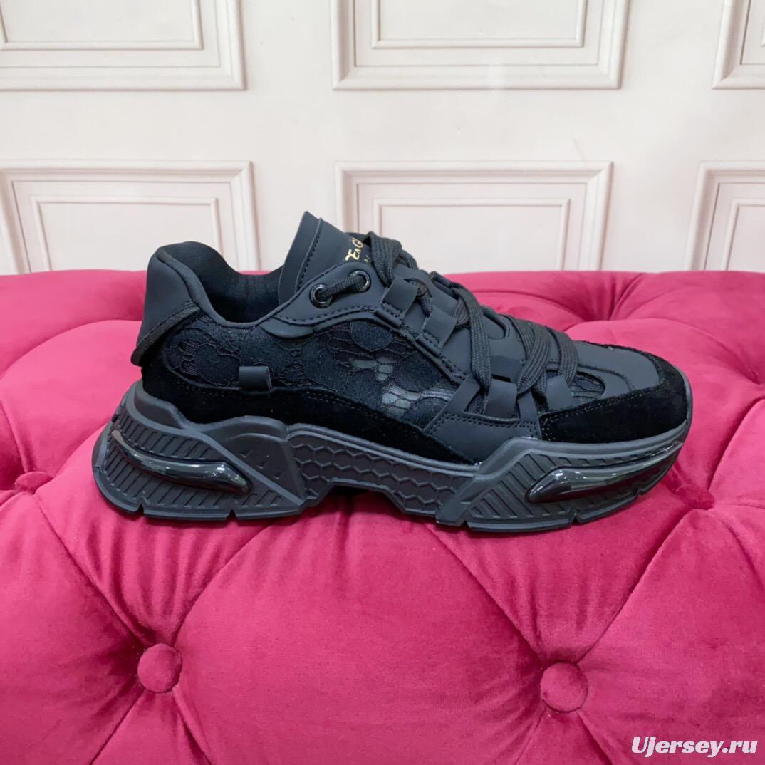 2025 Unisex Dolce & Gabbana Black Mesh Leather Sneakers LY00340