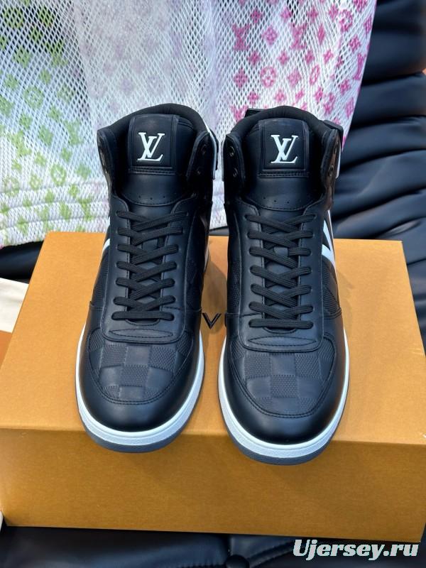 2024 Men Louis Vuitton Black White Leather High-Top Sneakers MJ00420