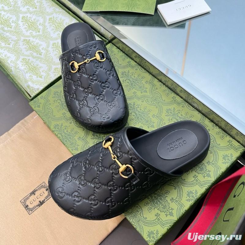2024 Slippers Gucci Black Leather GG Pattern Horsebit MJ00280