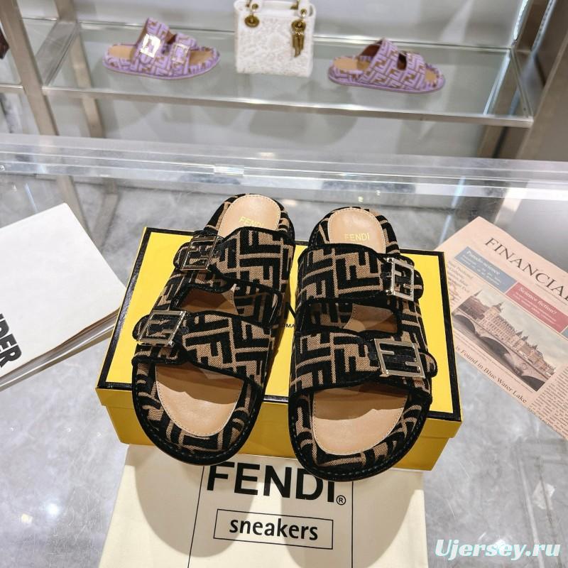2025 Fendi Black Beige Jacquard Fabric Leather Slippers