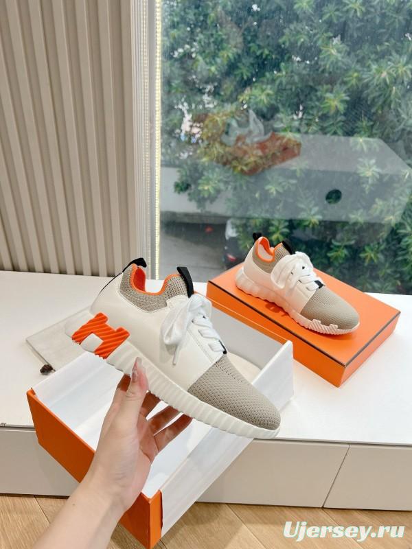 2024 Unisex Hermès Beige Orange Calfskin Suede Sneakers MJ00290(F/W)