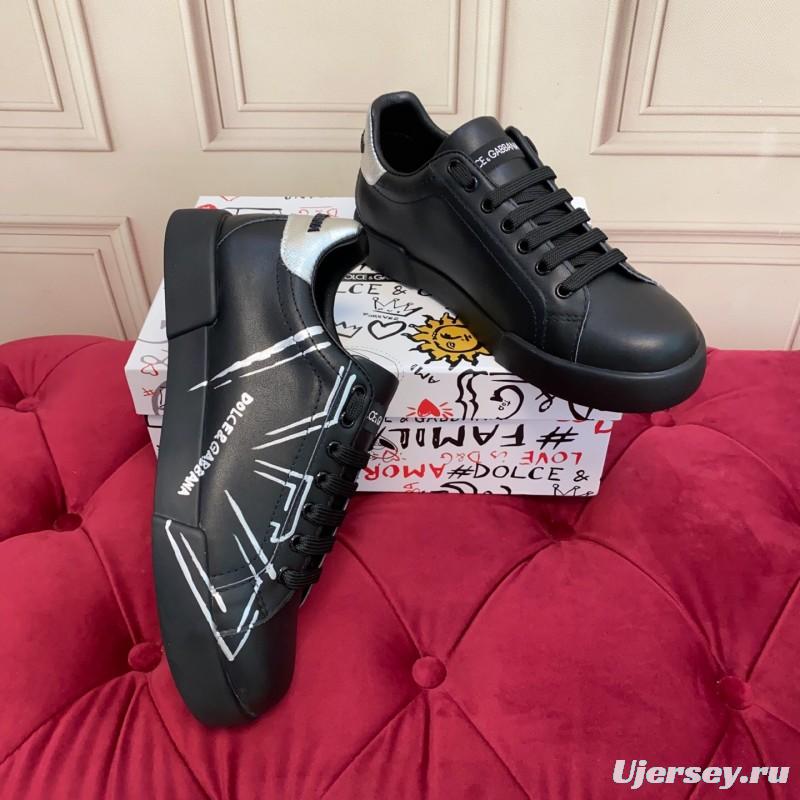 2025 Men Dolce & Gabbana Black Silver Leather Sneakers