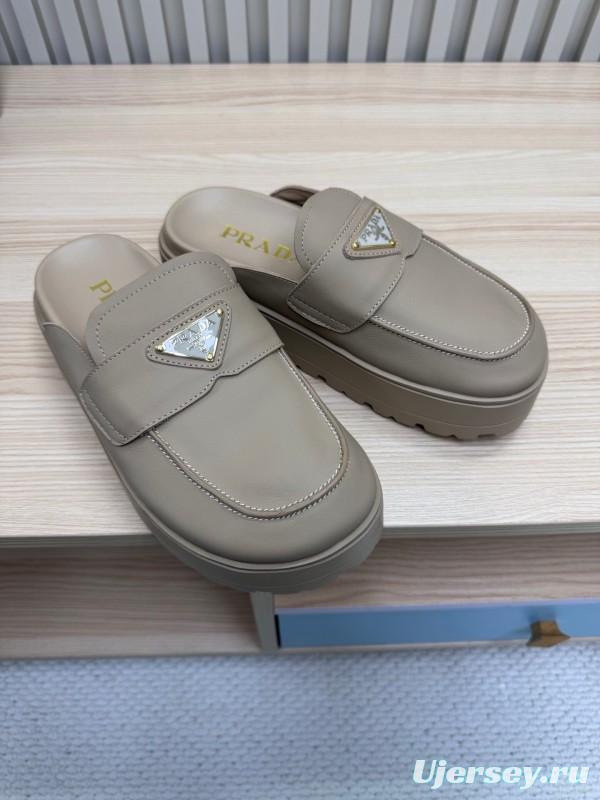 2025 Women Prada Beige Leather Slippers