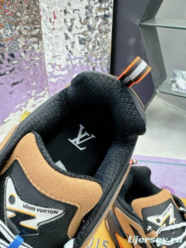 2025 Men Louis Vuitton Brown White Black Mesh Leather Sneakers MJ00420