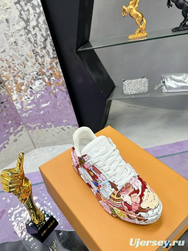 2024 Unisex Louis Vuitton White Pink Red Leather Canvas Sneakers Collaboration MJ00780