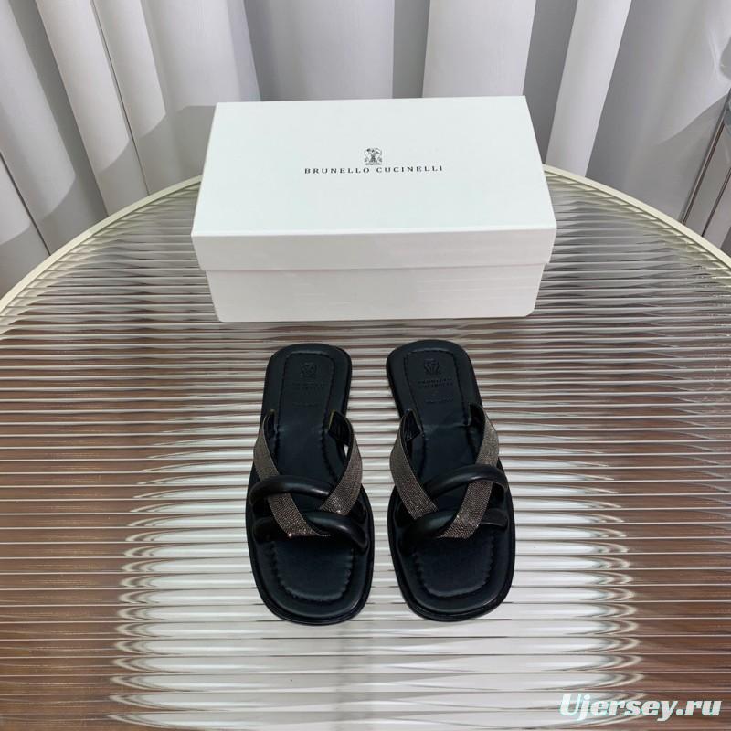 2025 Women Brunello Cucinelli Black Leather Flat Slides With Handwoven Beaded Straps KFY00300 (F)