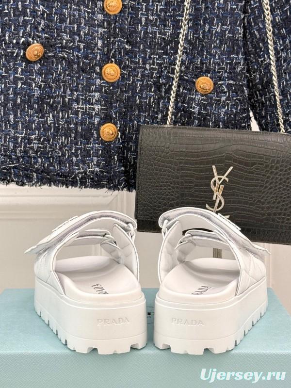 2025 Slippers Prada White Leather Quilted Velcro Strap KFY00250