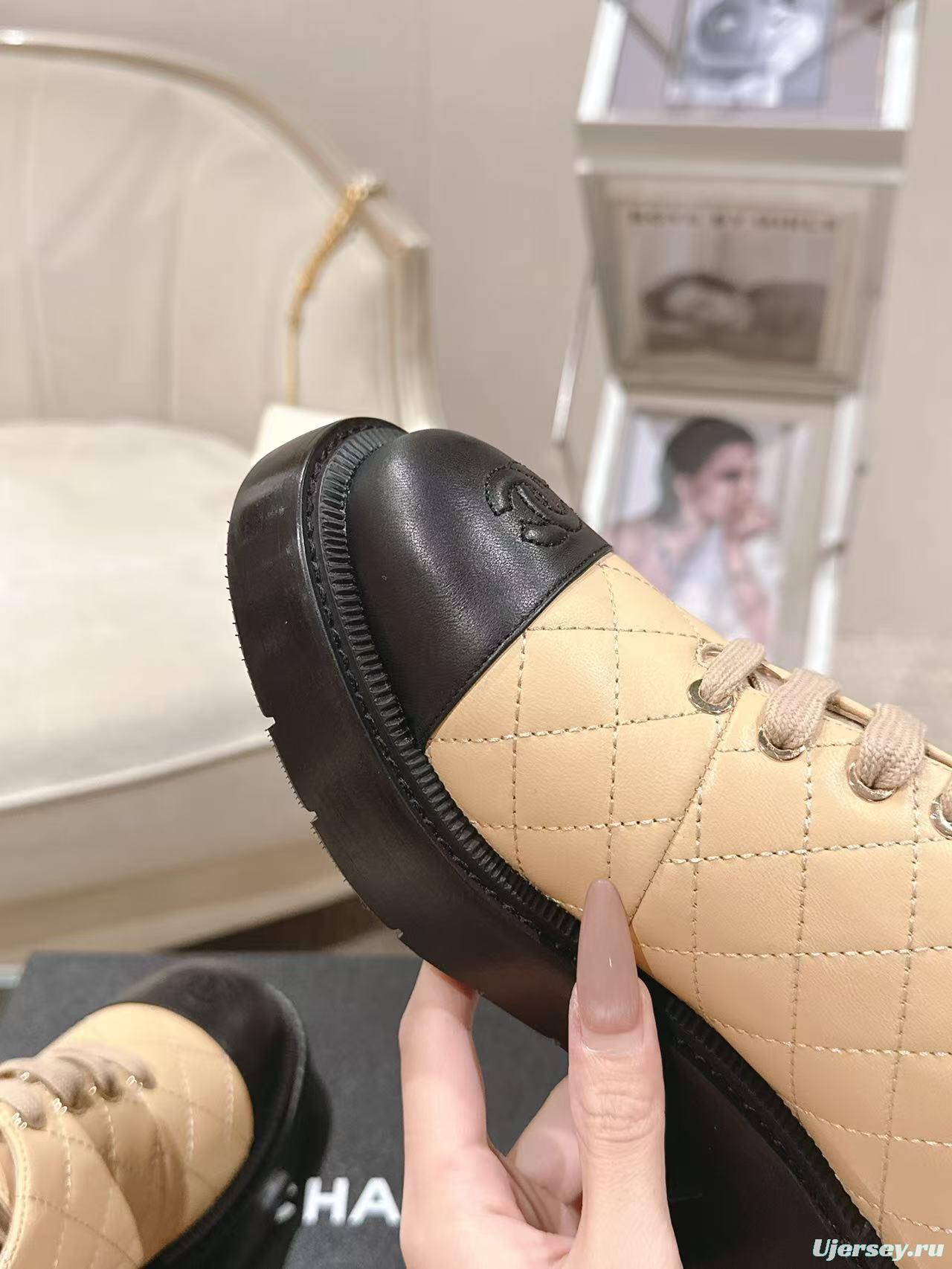 2025 Women Chanel Beige Black Leather Platform Oxford B2099