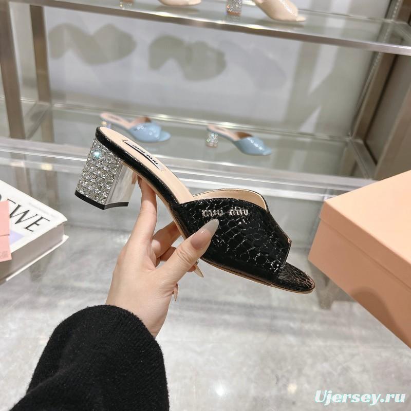 2025 Women Miu Miu Black Patent Leather Heeled Sandals