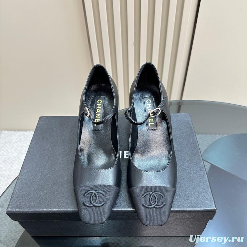 2025 Women Chanel Black Leather Mary Jane Shoes KFY00290