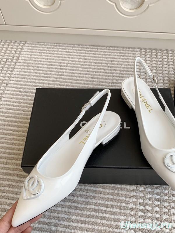 2025 Women Chanel White Leather Slingback Pointed Toe Heart Double C KFY00300