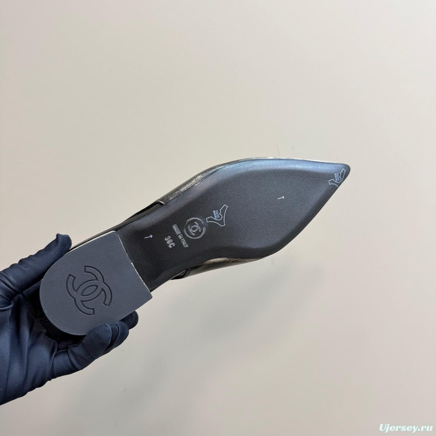 2025 Women Chanel Black Silver Satin Sandals KFY00290