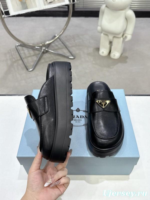 2025 Women Prada Black Leather Loafers