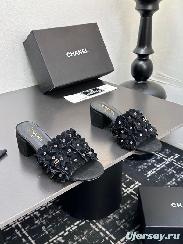 2025 Women Chanel Black Suede Heeled Slippers