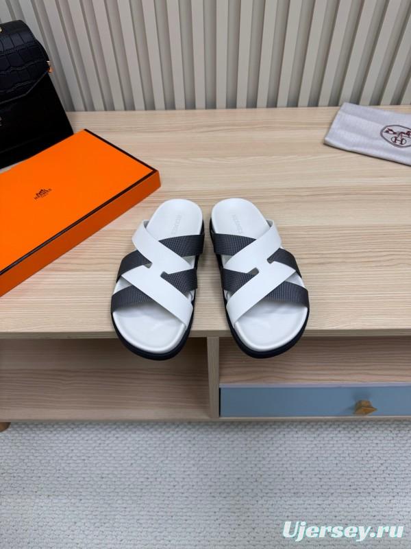 2025 Men Hermès White Black Leather Slippers