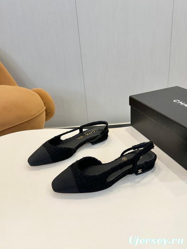 2025 Women Chanel Black Leather Bouclé Ballet Flats LY00240