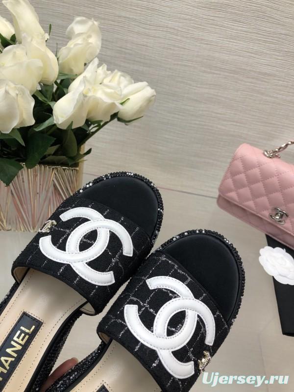 2025 Women Chanel Black Fabric Wedge Platform Slippers LY00320