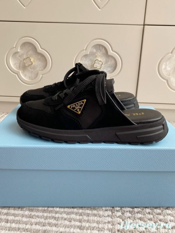 2025 Women Prada Black Nylon Leather Sneakers LY00290